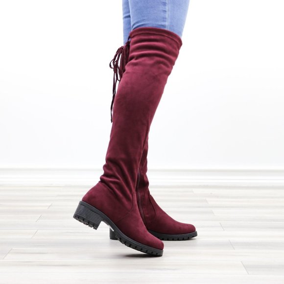 Wine Lug Sole Thigh High Boots Back Lace Tie - Picture 5 of 14